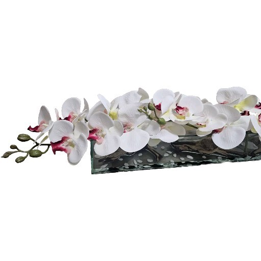 Floral Arrangement, Casa Moderna Glass Plate  W/ Faux White Orchids & Succulents