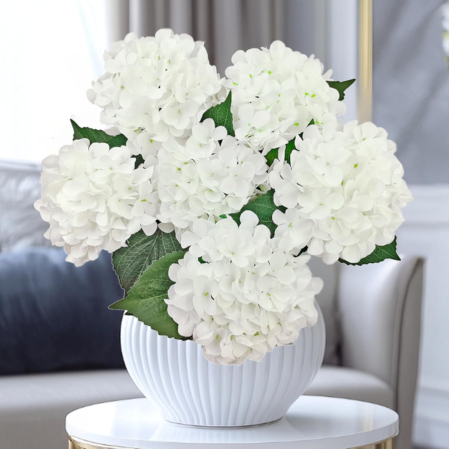 6PCS White Hydrangea Artificial Flowers, Bulk Silk Fake Flower with Stems, Faux