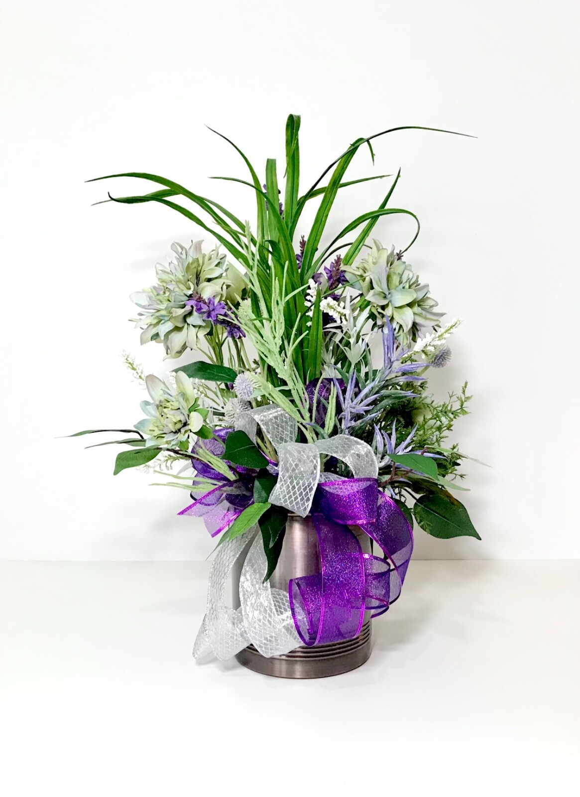 LARGE PURPLE GREEN FLORAL SPRING ARRANGEMENT BRONZE METAL CONTAINER CENTERPIECE