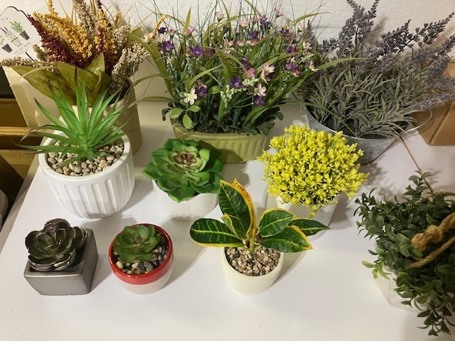 10 Artificial flowers in pots, 1 hanging 2″ to 10″ variety