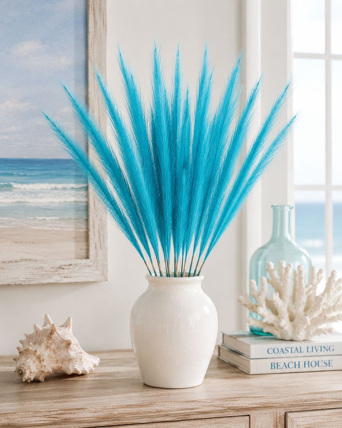 Turquoise Blue Artificial Pampas Grass 16 Inch 13 Stem Bunch, Wispy Coastal Vase