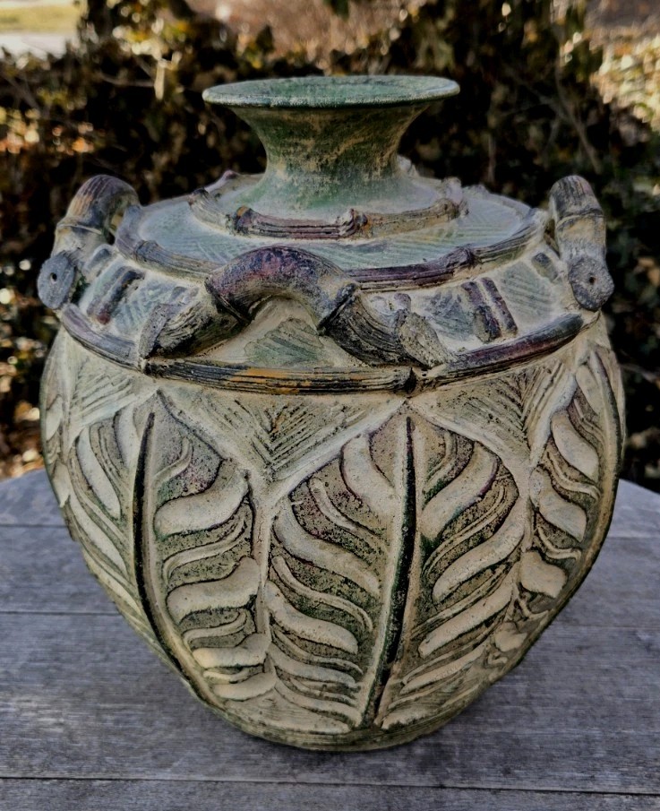 Rustic Urn Vase Earthenware Pottery Botanical Leaf Handles 12″T Brownish Green