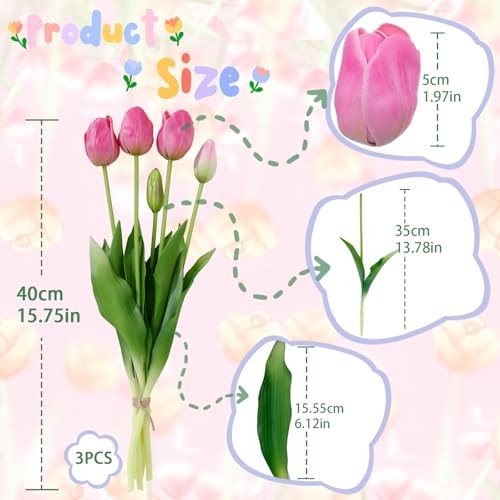 15PCS 15.75″ Artificial Tulips, Premium Latex Natural Feel 15pcs Deep Pink