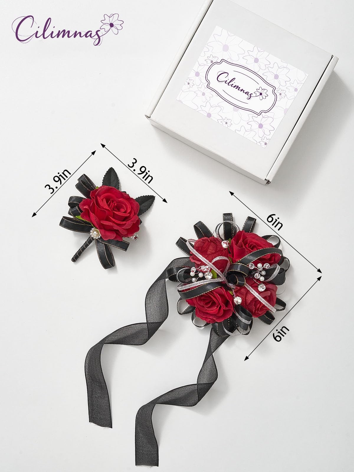 2 PCS Red Black Silk Rose Wrist Corsage Boutonniere Set Wedding Prom Party