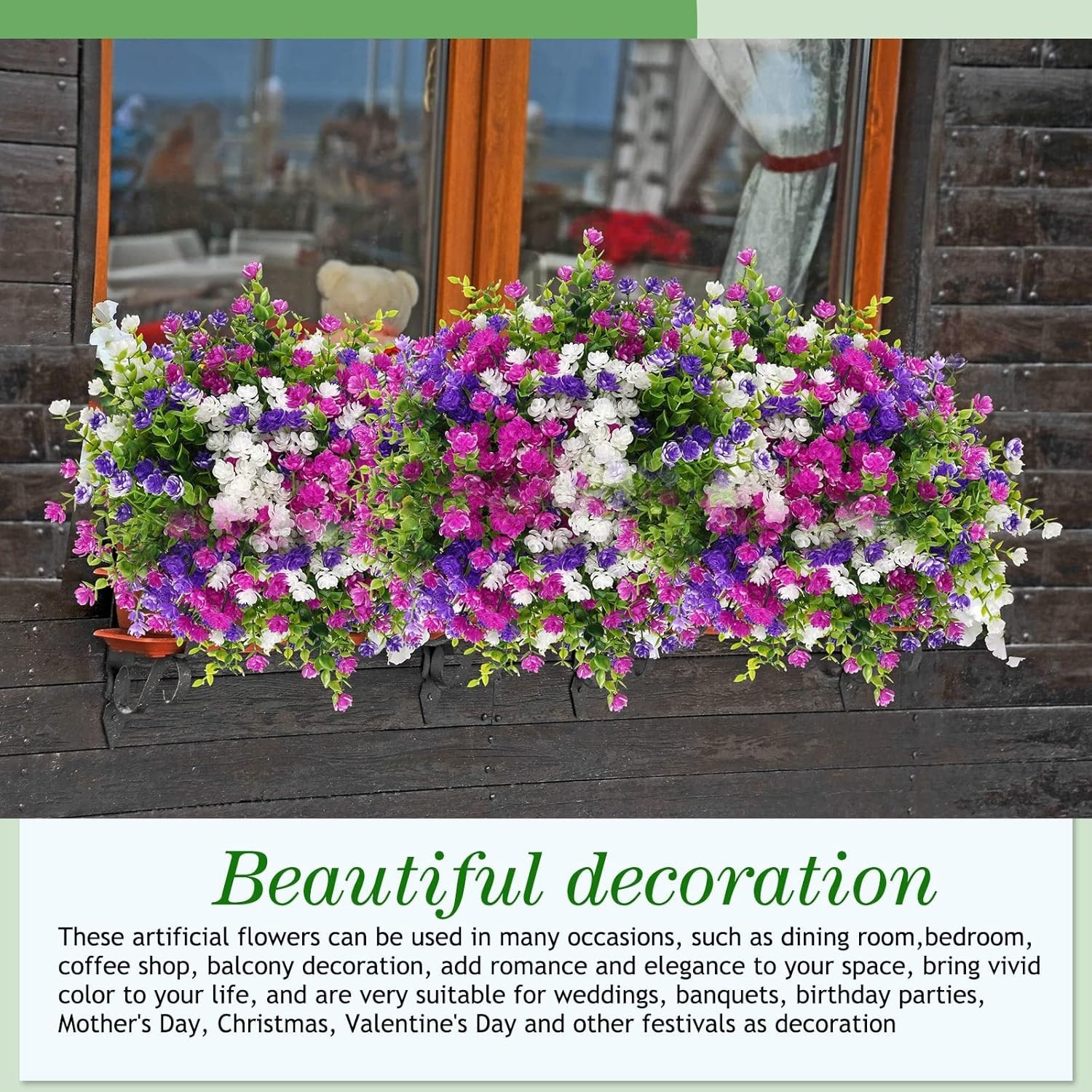 12 UV Resistant Artificial Flowers in Fuchsia, White & Purple for Home Decor