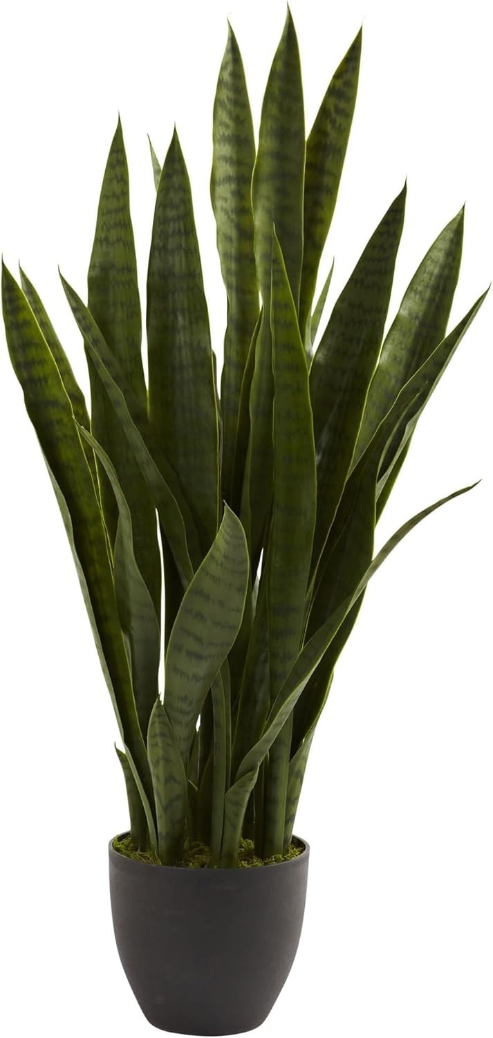 35in Artificial Snake Plant, Sansevieria Faux Greenery with Black Planter for…