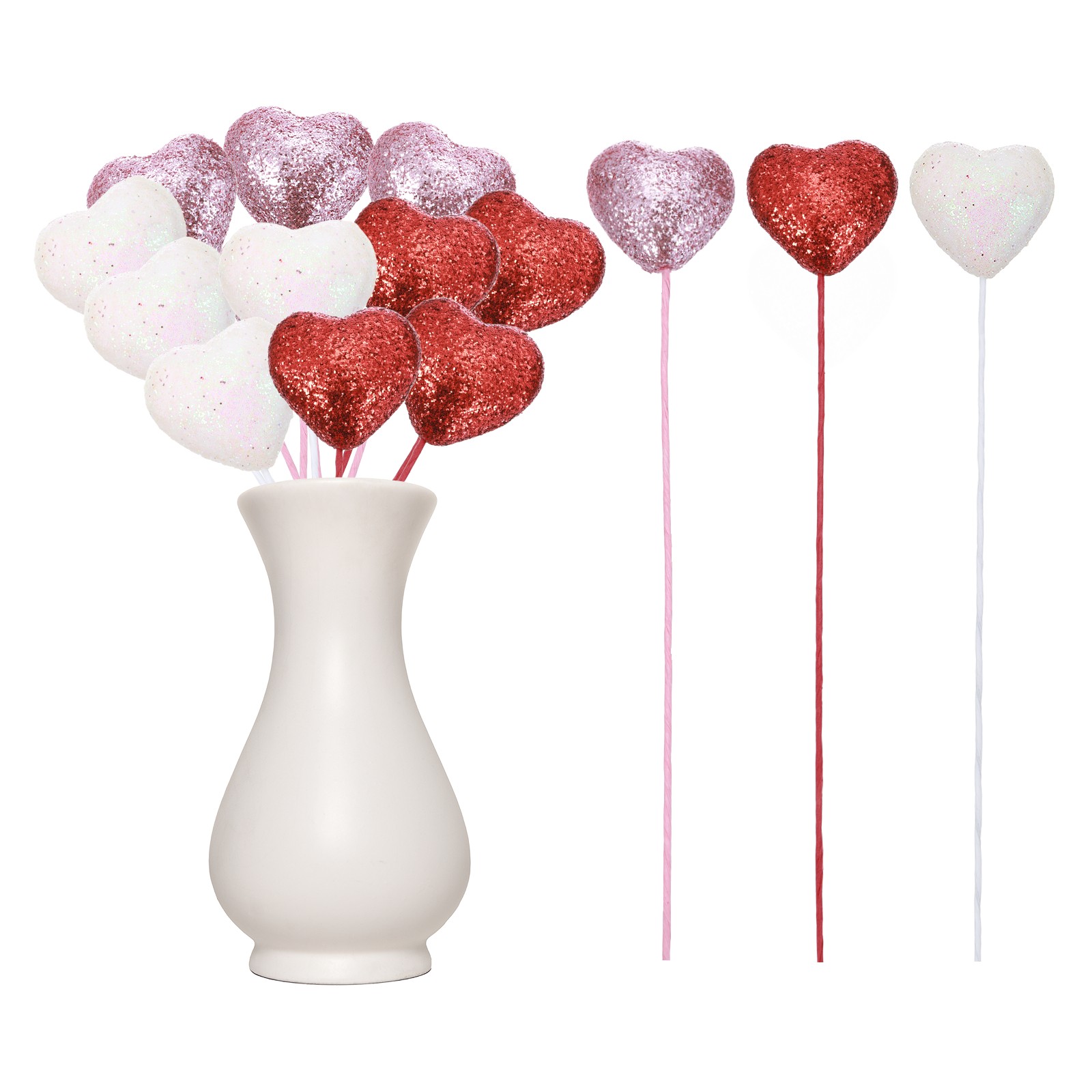 12 Pcs Glitter Heart Shaped Picks Foam Hearts Stick (Red/Pink/White, 4cm x 22cm)