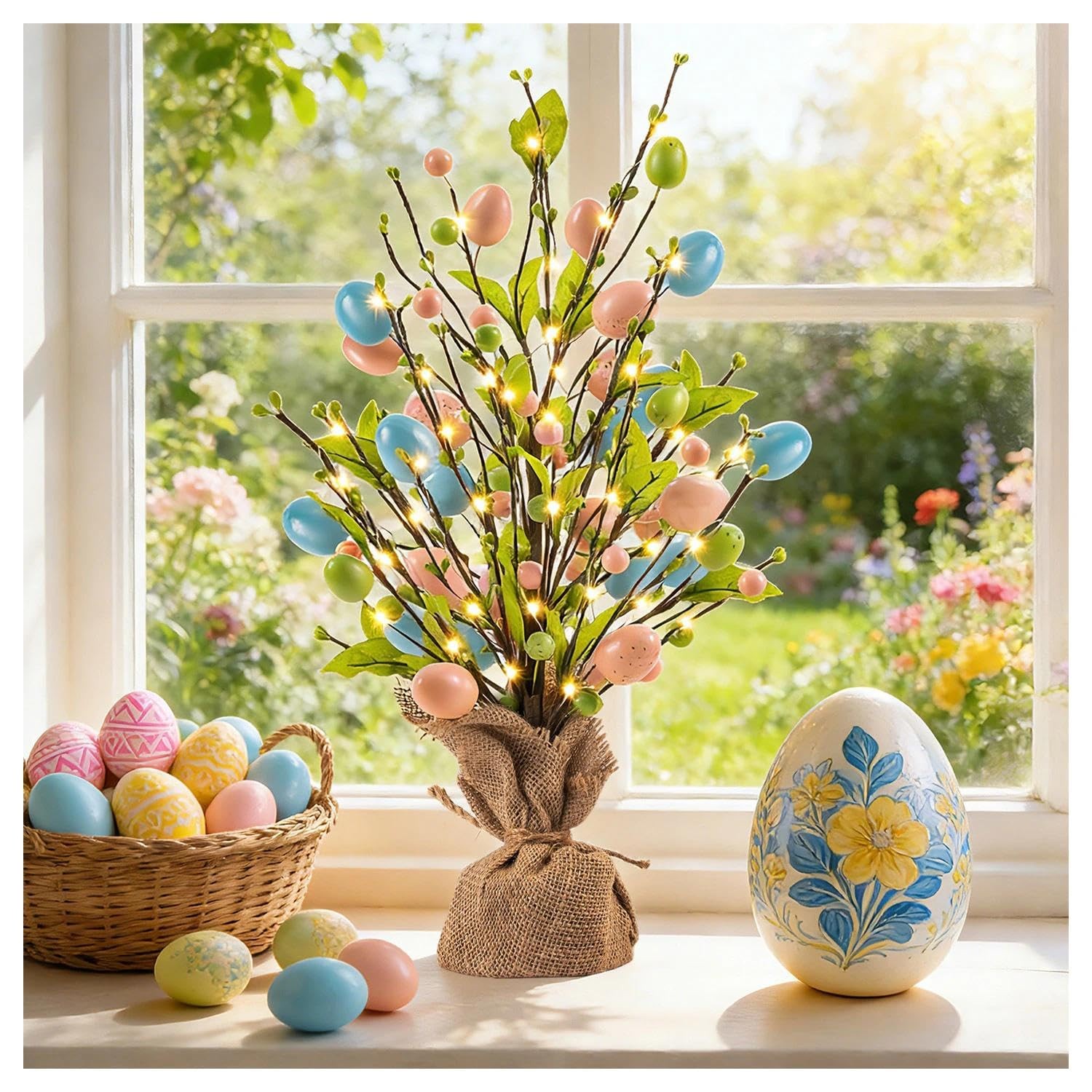 Easter Egg Table Tree Decor 18 Inch Pearl Tree With Hanging String Lights