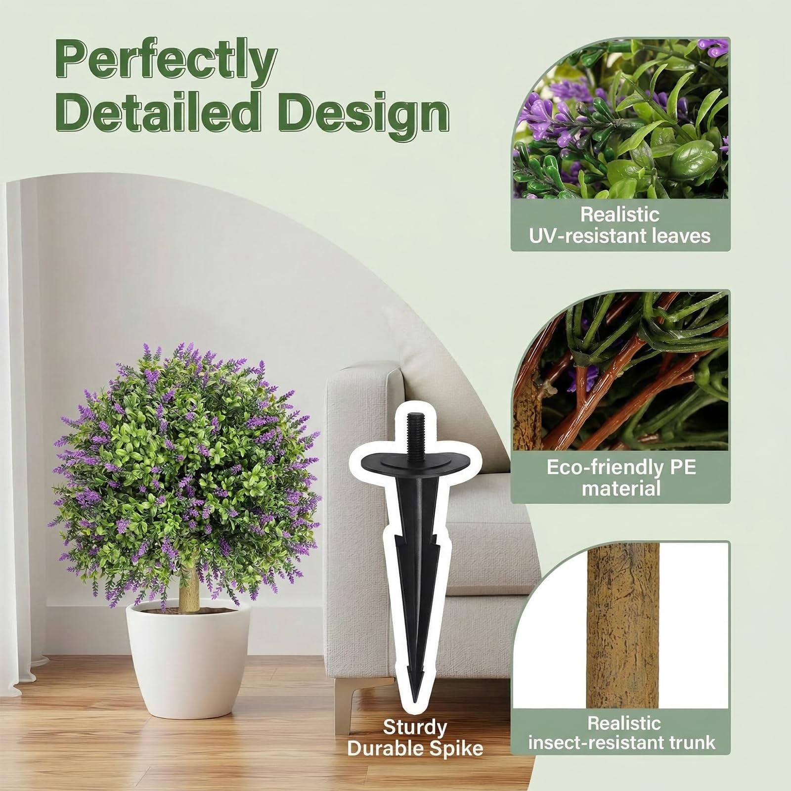 Set of 2 Artificial Lavender Topiary with Spike,Fake Plants Boxwood Balls Gre…