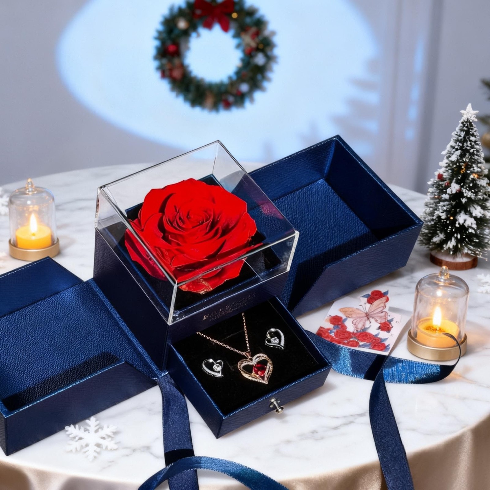 Preserved Red Real Rose with Necklace&Earrings-Eternal Forever Flowers Rose,B…