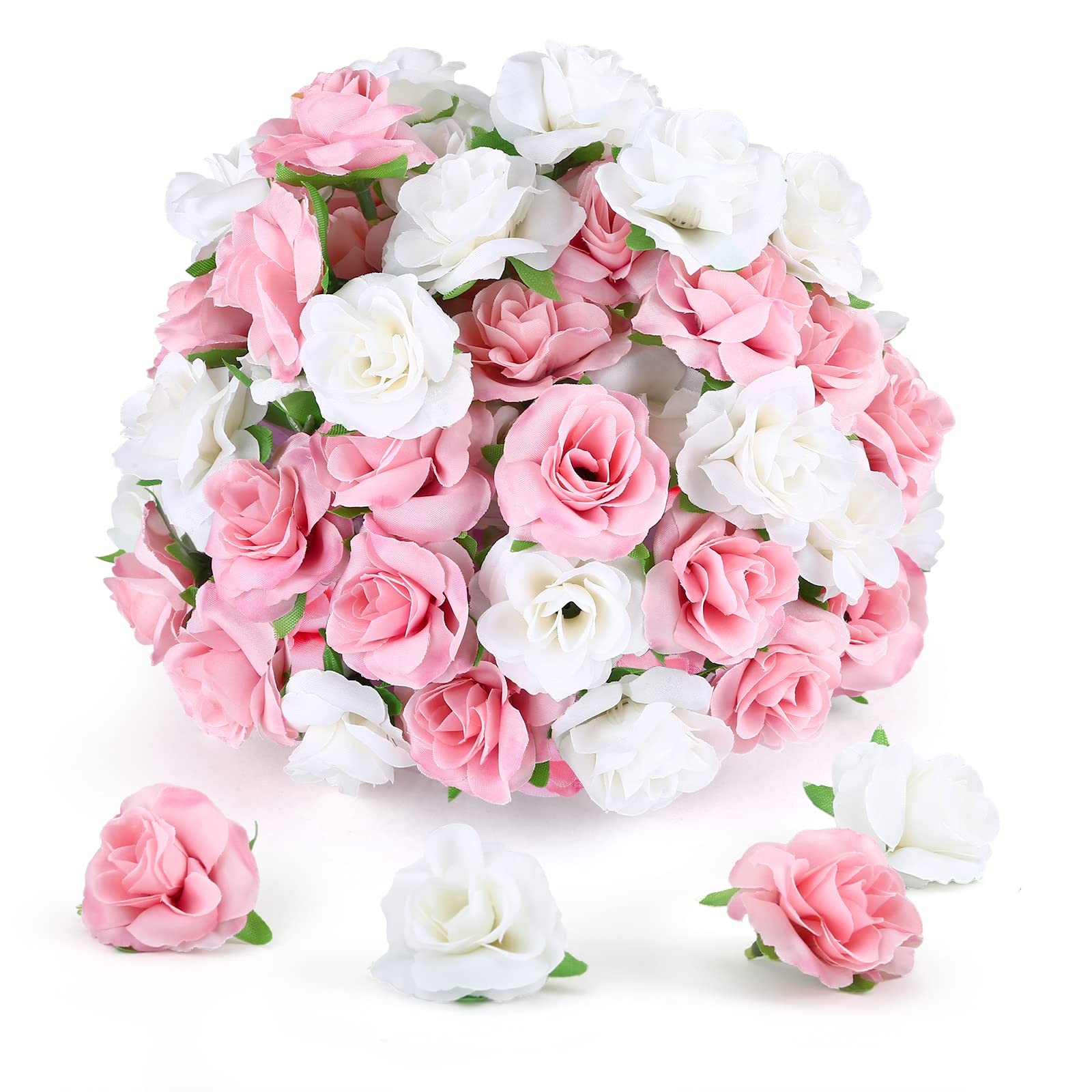 Yinsun 50pcs Mini Roses, 1.57″ Silk Artificial Flower Heads, Pink and White | Sm