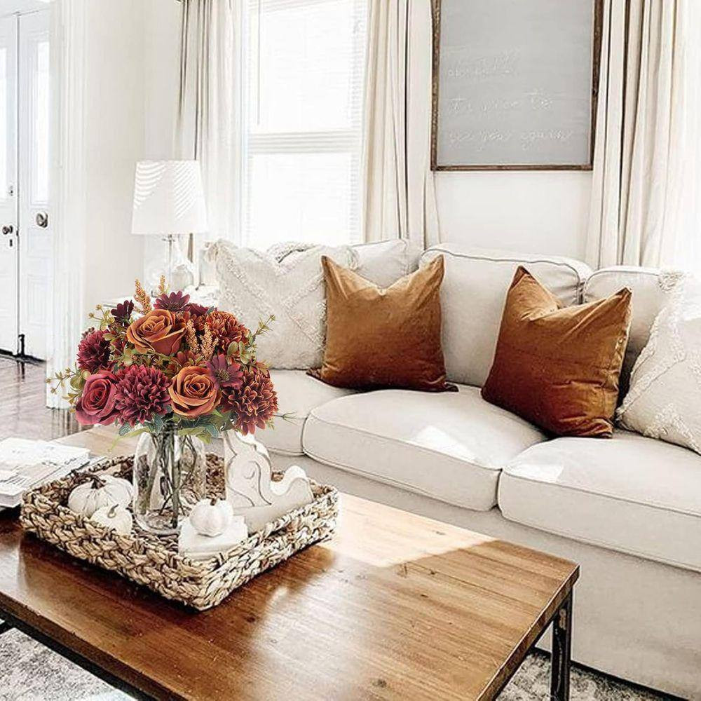 12.95 in In. H Orange Artificial Fall Flowers with Roses, Hydrangeas, and Sunflo