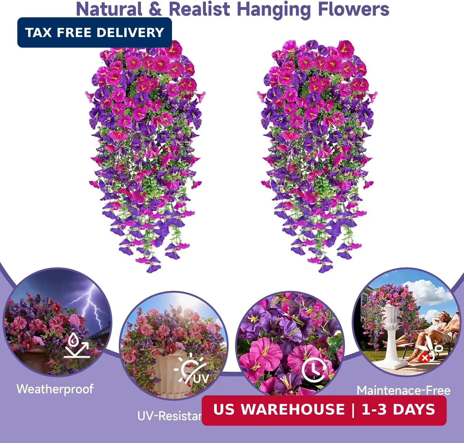 Artificial Hanging Flowers for Outdoors, 2 PCS 300 Blooms UV Resistant Morning G