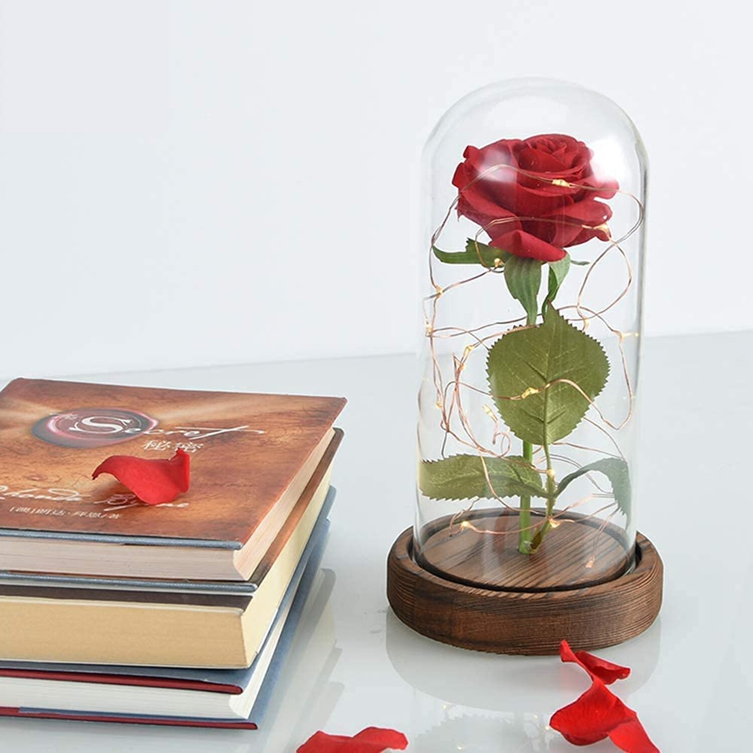 SW Preserved Rose Enchanted Rose Red Silk Rose in Glass Dome with LED Lights …