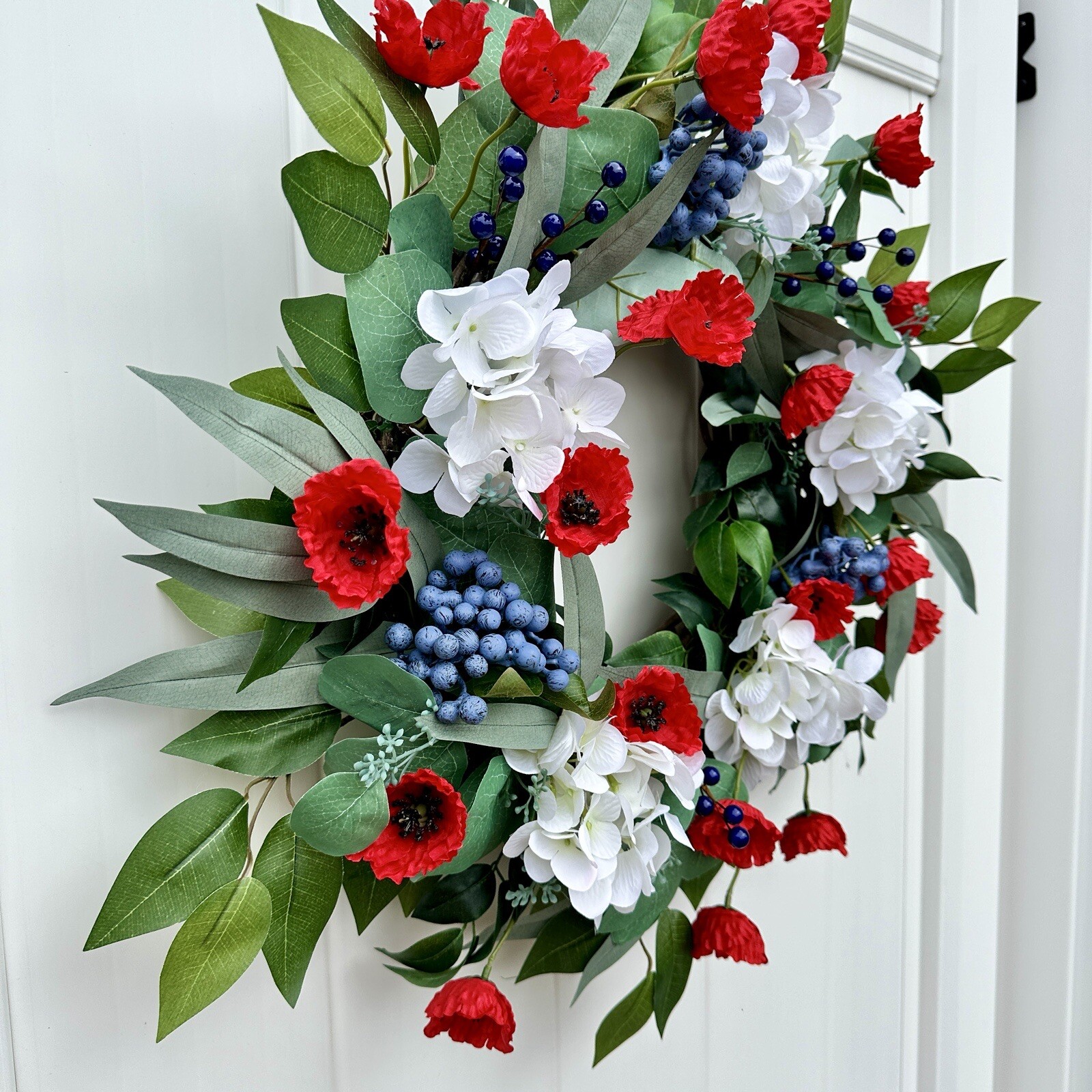 Hydrangea, Red Poppy, Blueberry,and Ficus 22” Wreath
