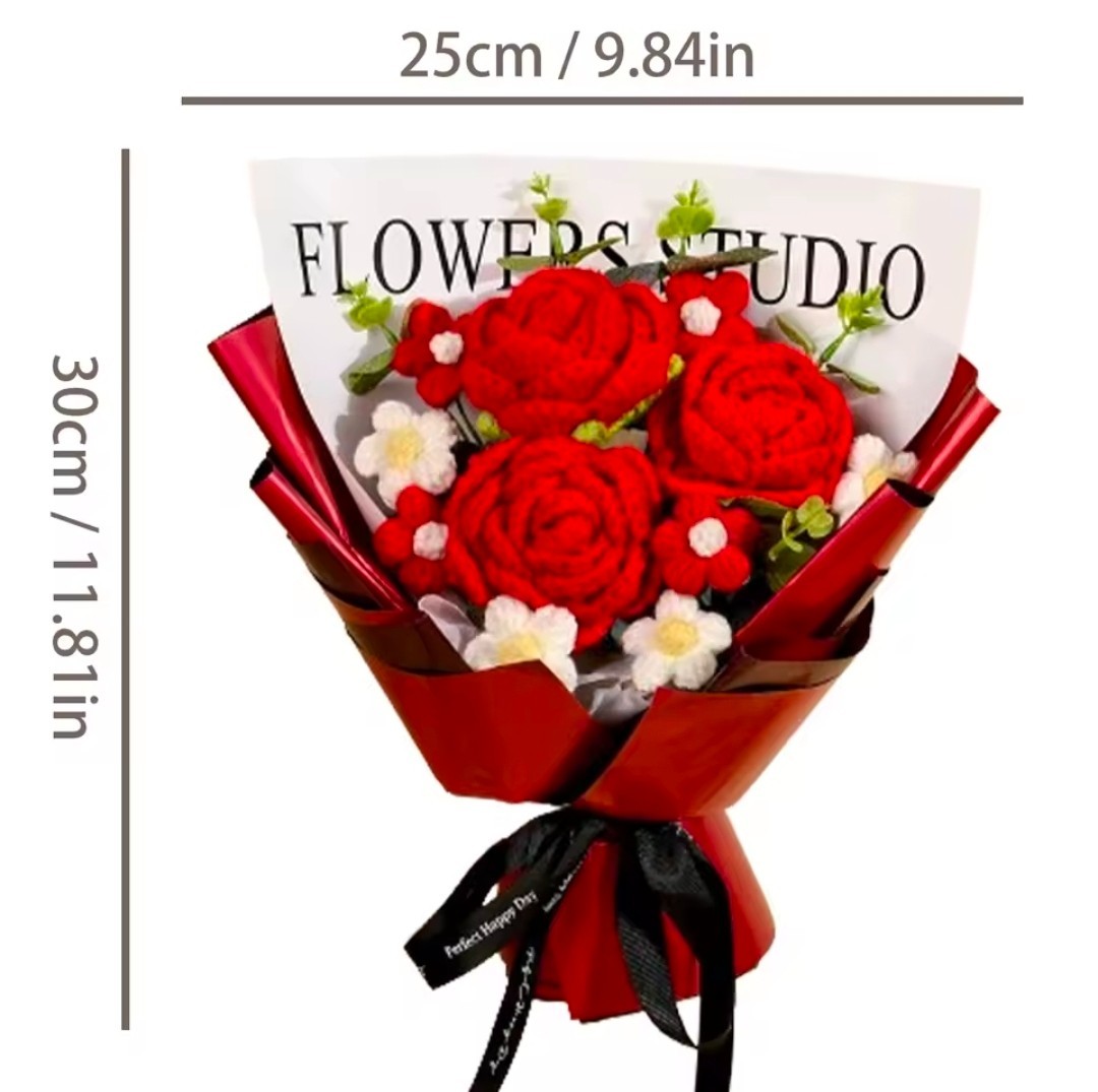 Handmade Crochet Red Rose Flowers Bouquet, Crochet Flower Bouquets for Mother’s