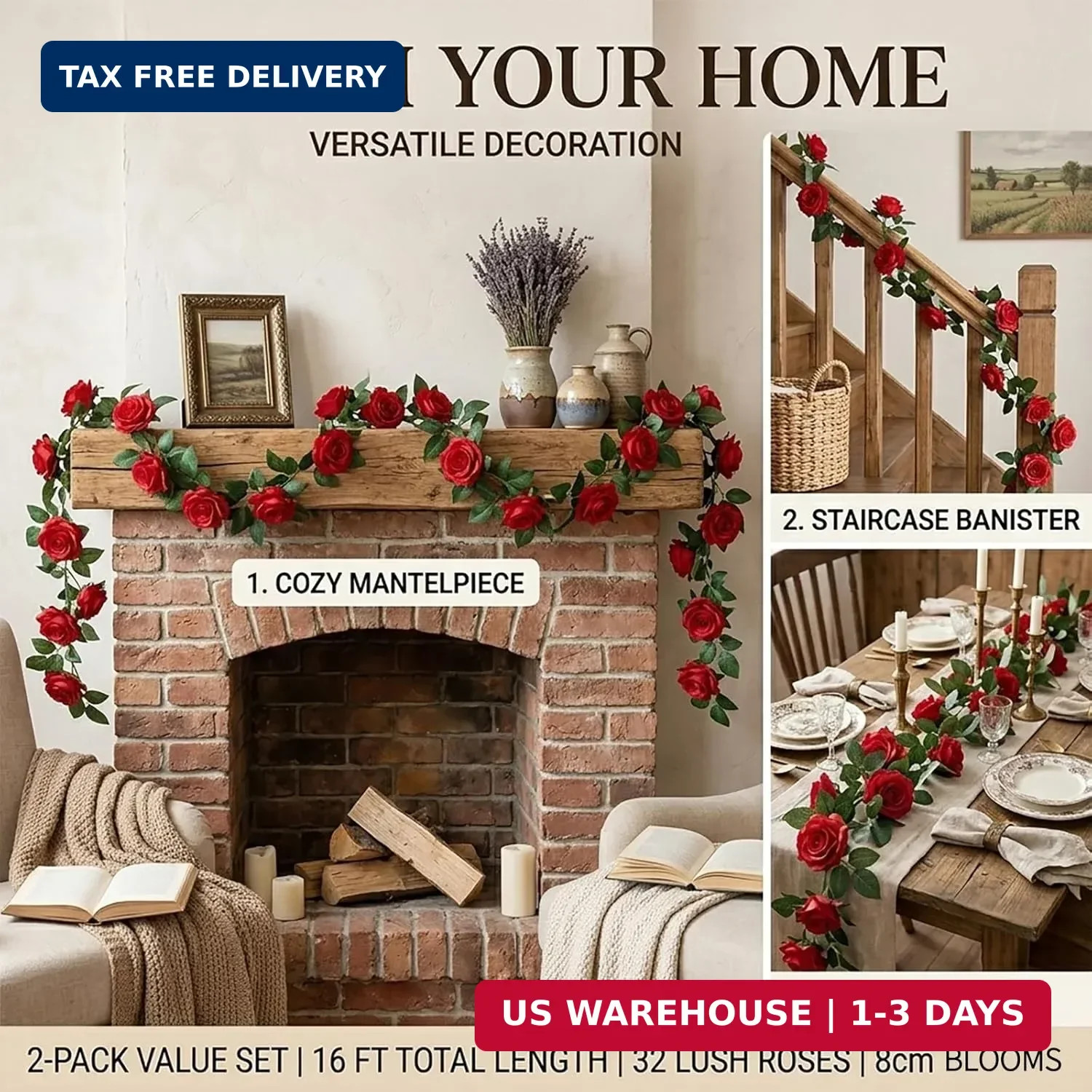 2 Pack 16FT Artificial Rose Garland Vine – Silk Fake Rose Flower Hanging Red