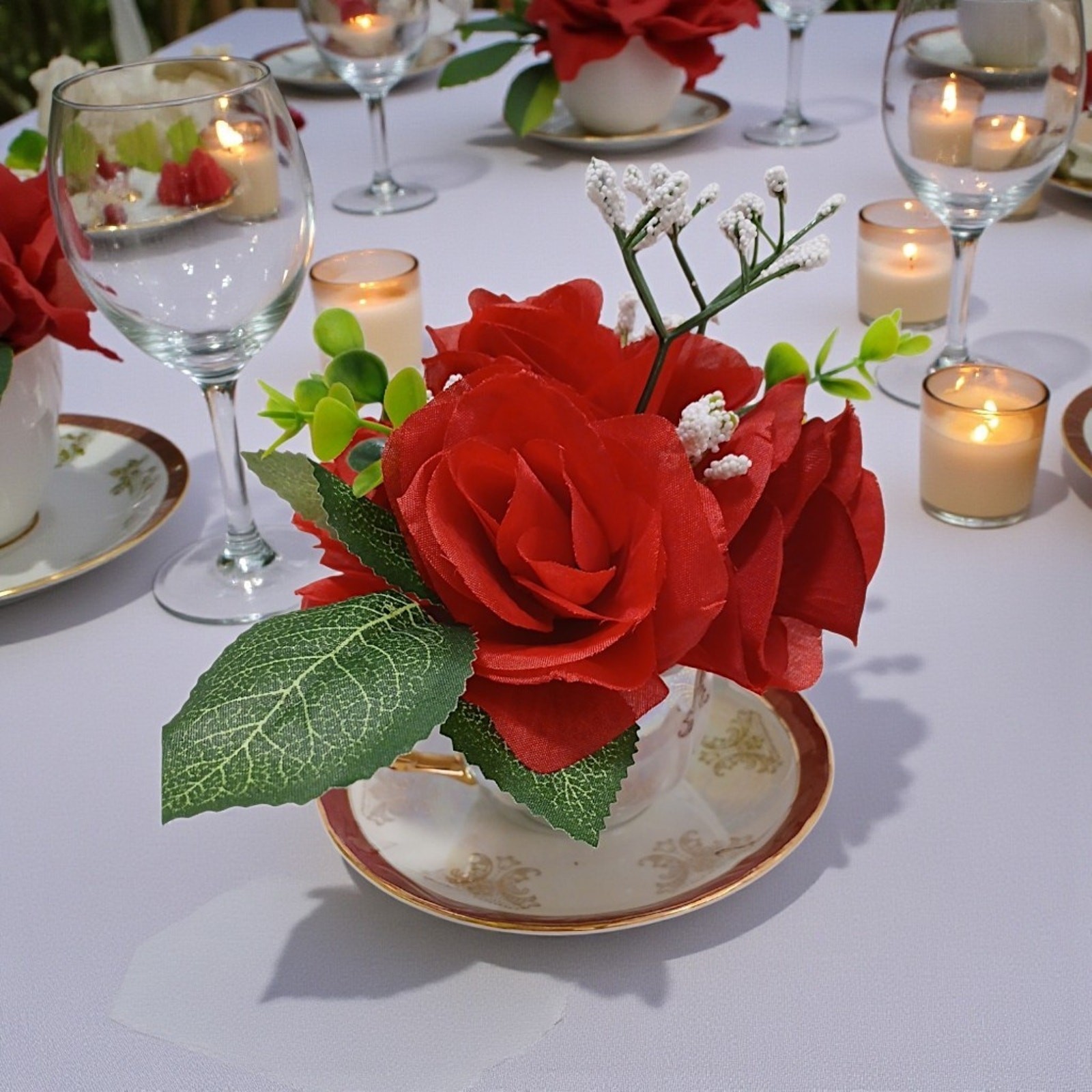 Silk Floral Arrangement Red Roses Leafy Tea Party Cup POP-IN Love Romantic Gift