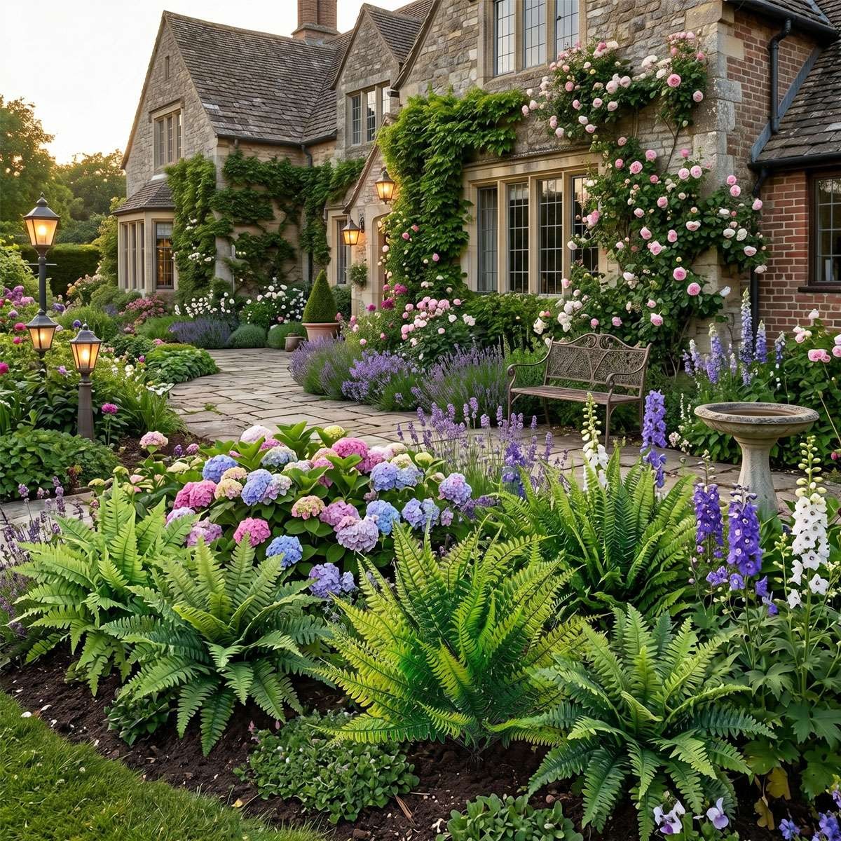 Artificial Flowers Boston Fern with Ground Spike Fake Plants Garden Yard Decor