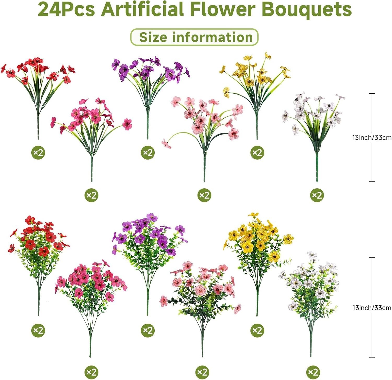 Mix of 6 Colors 24 Bundles Artificial Flowers for Elegant Indoor & Outdoor Use
