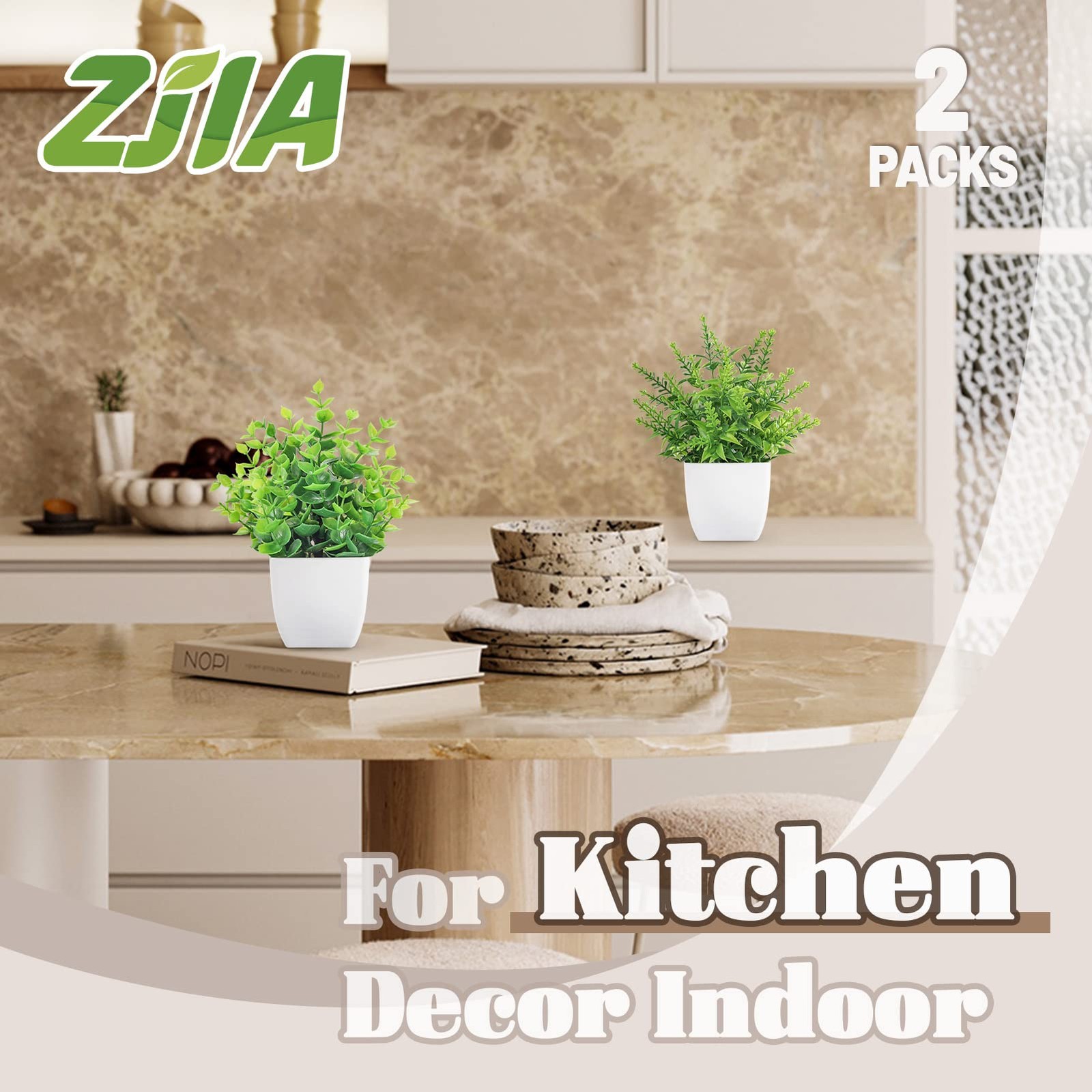 ZJIA 2 Pack Small Fake Plants in White Pots, Bathroom Shelf Decor Indoor