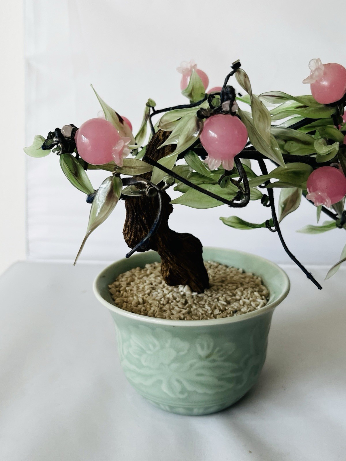 Vintage Pink Cherry Blossom Flower Plastic Bonsai Tree Celadon Planter