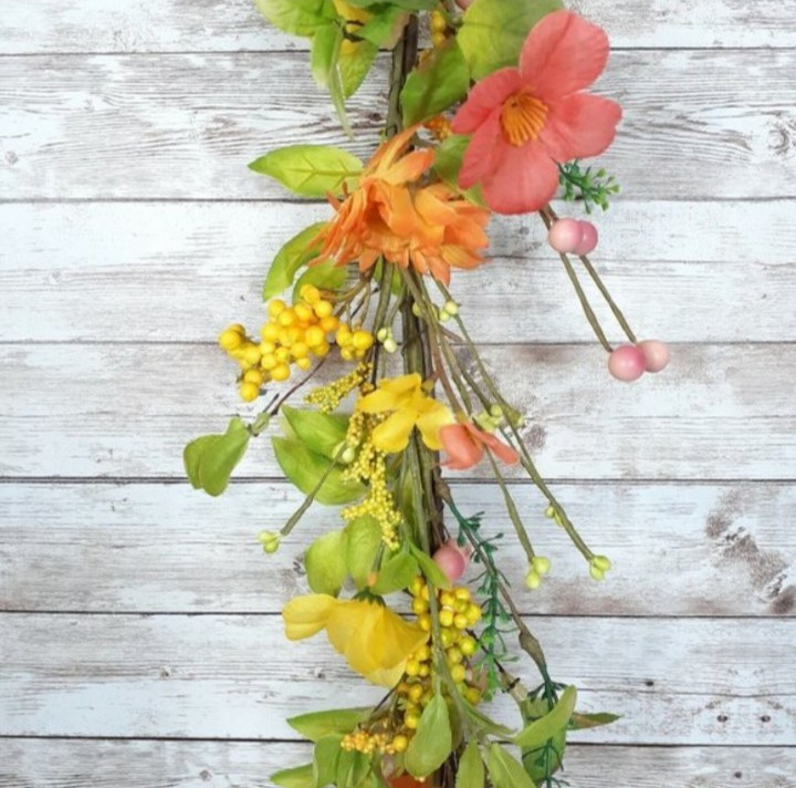 Floral Garland Flowers Berries 56 Inch Orange Yellow