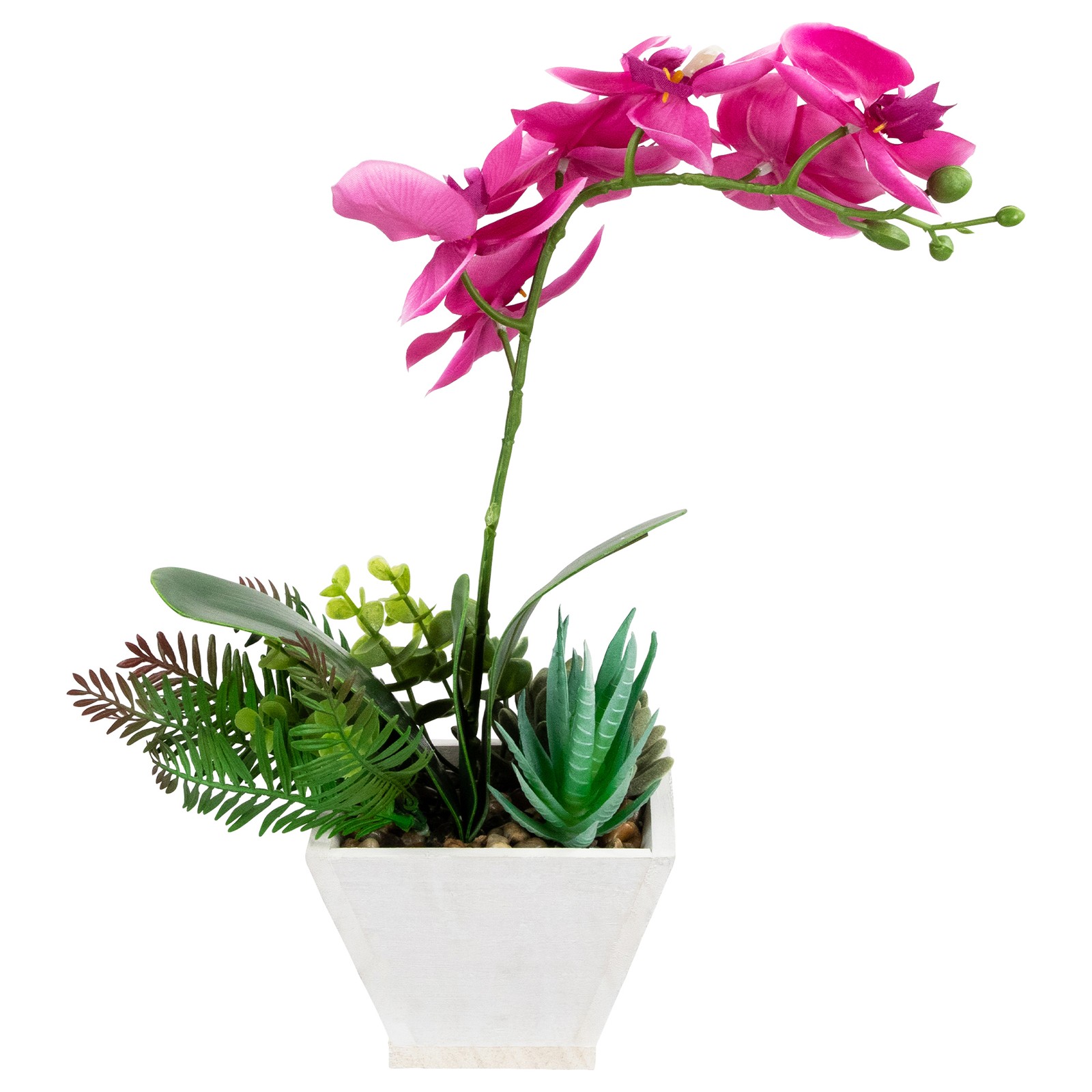 12″ Artificial Pink Orchid with Red and Green Succulent Plants in a Decorative S
