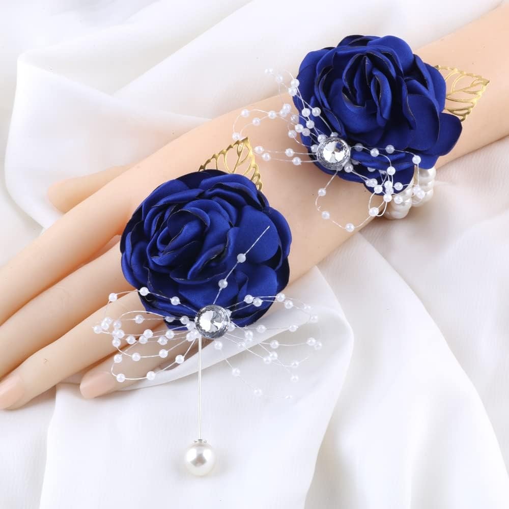 Bridesmaid Wrist Corsage Rose Boutonniere Set Wedding Prom Party Blue 2 PCS