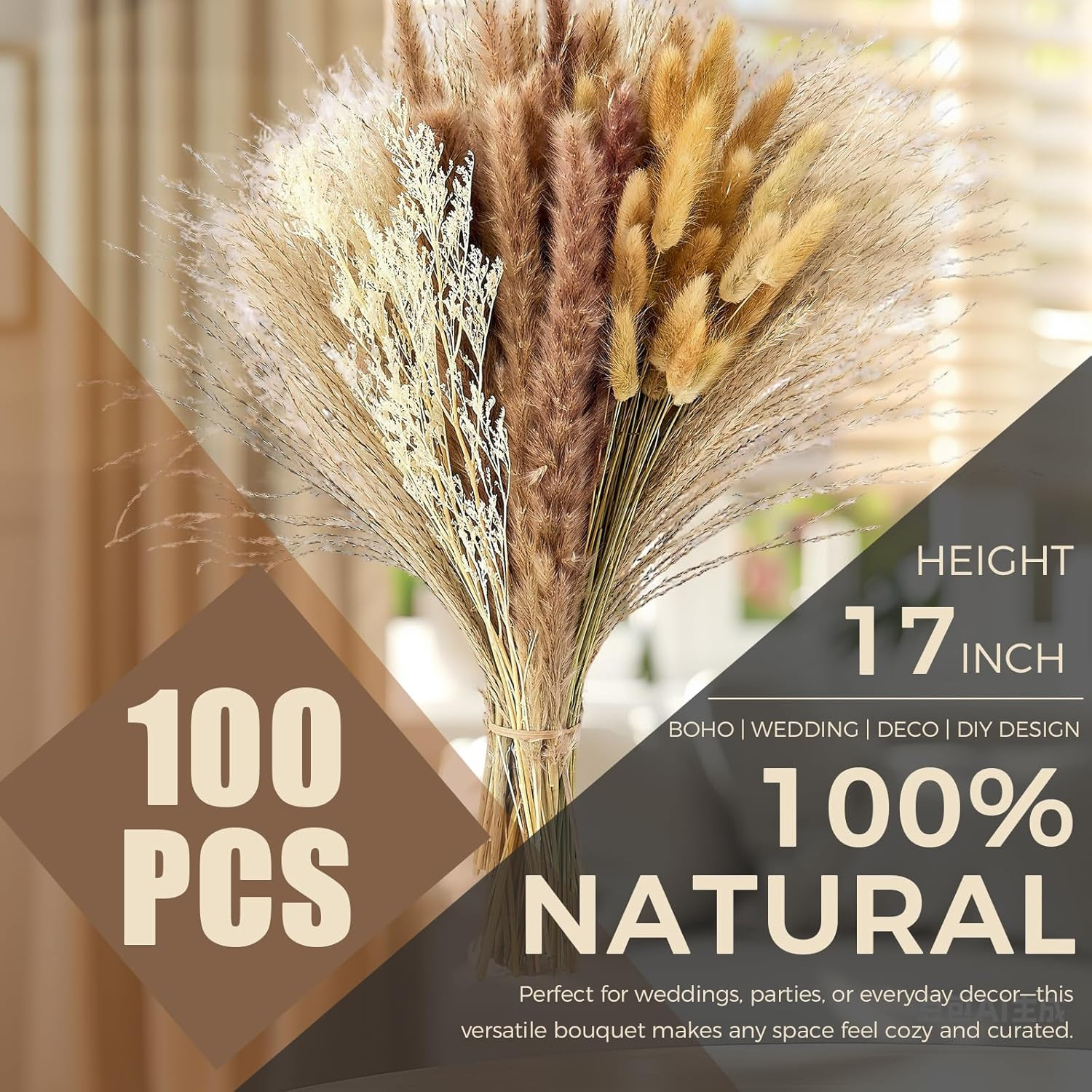 100 Pcs Pampas Grass Boho Decor, 17″ Dried Flowers Bouquet for Vase, Crafts, Boh