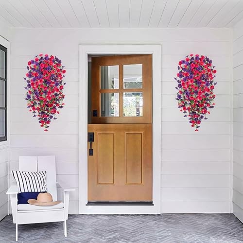 Artificial Hanging Flowers for Outdoor, 2pcs Fake Plants Hot Pink Dark Purple