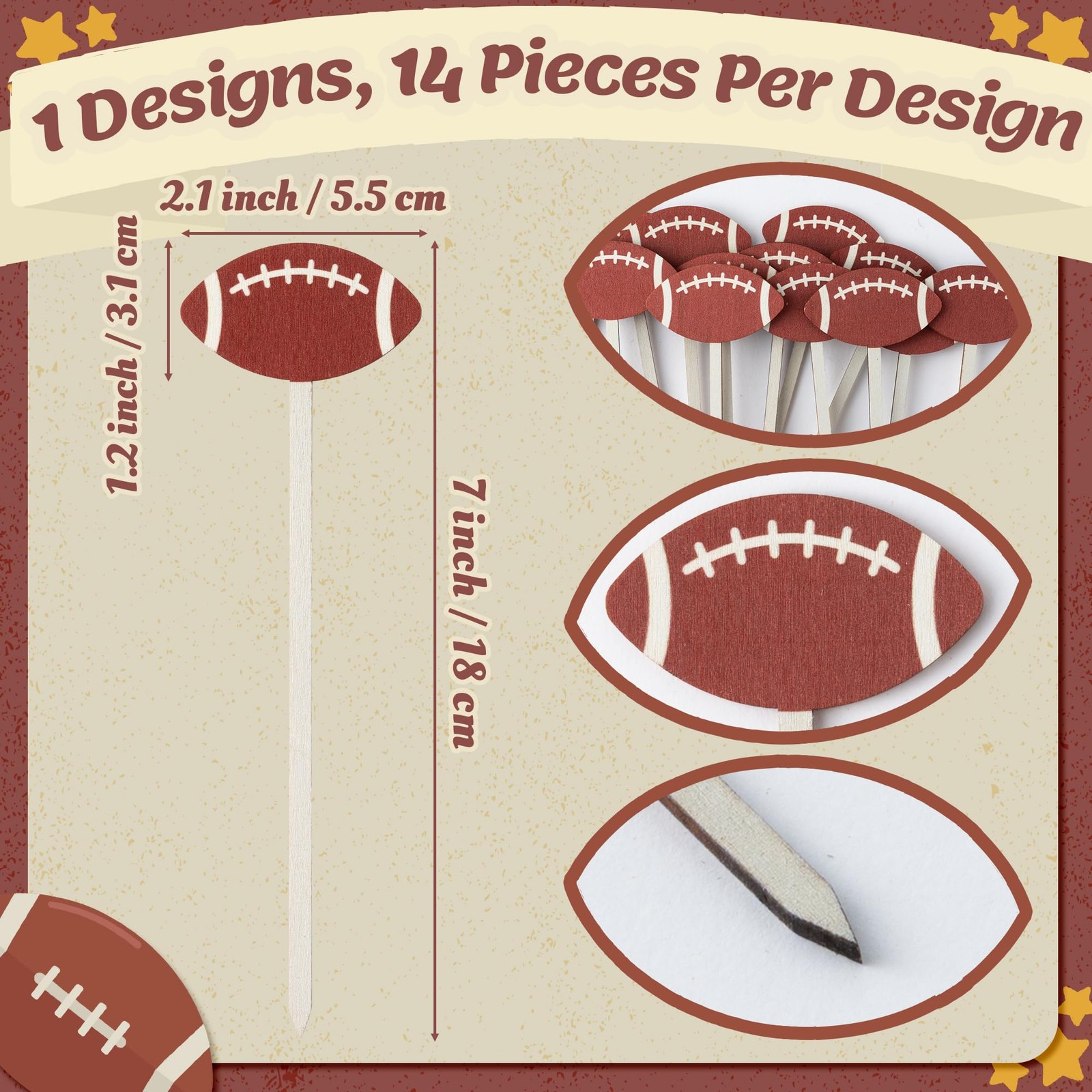 Football Floral Wooden Picks 14 PCS Double-Sided Flower Decorative Vase Sport