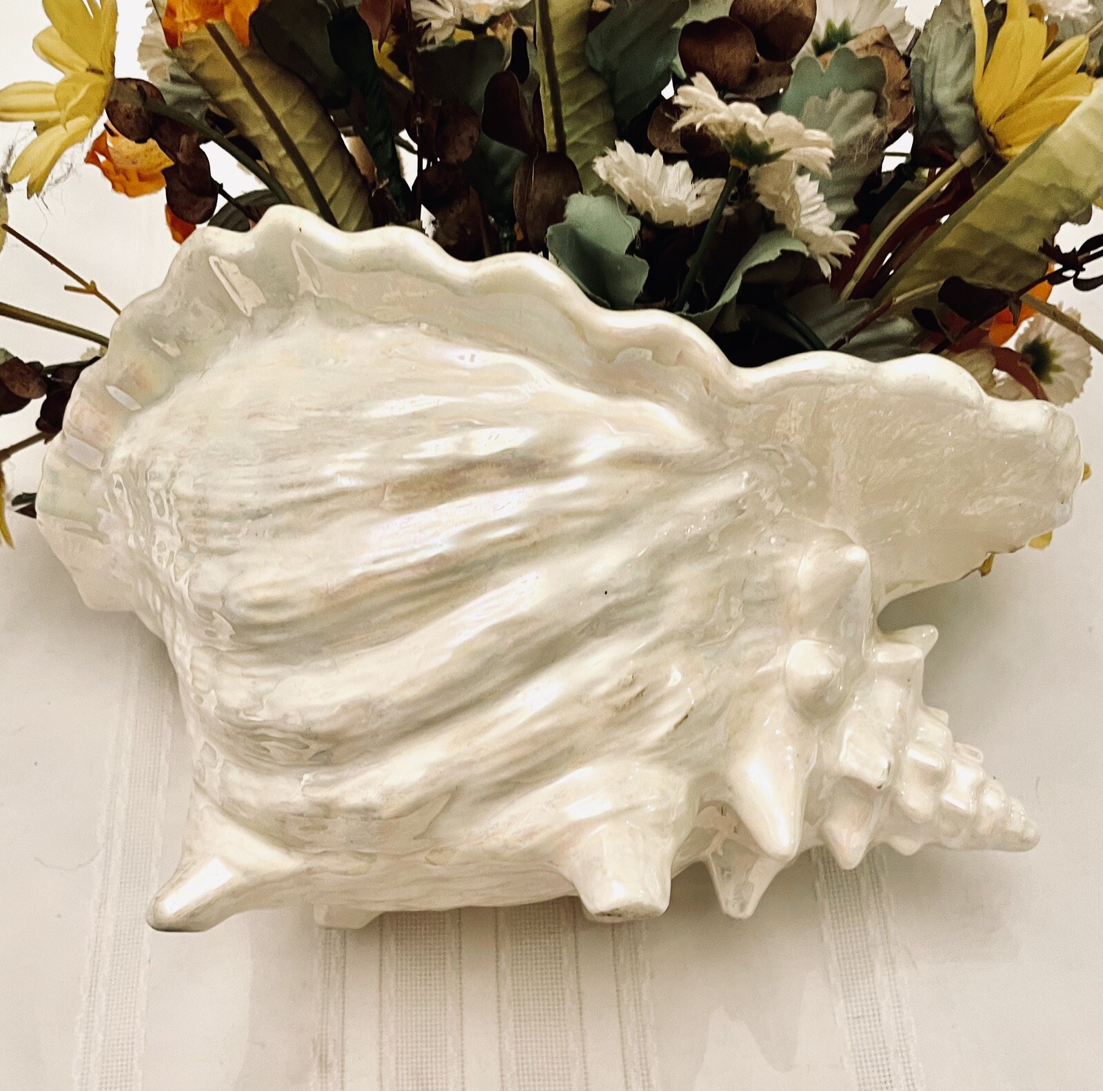 Floral Decor Multiple Silk Flowers In Ceramic Conch Sea Shell Planter 13” H