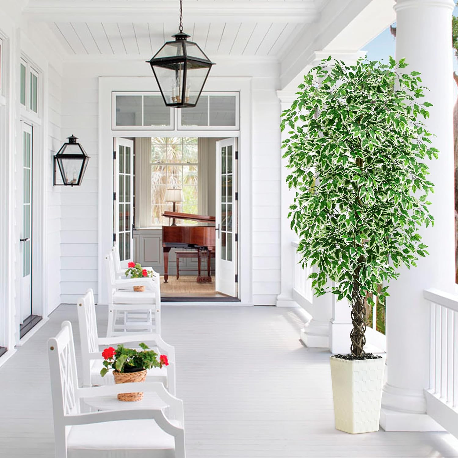 7FT Artificial Ficus Tree with White Planter – Lifelike Indoor/Outdoor Decor