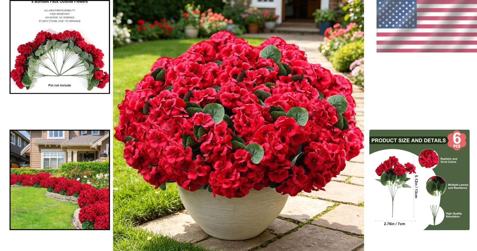 Elegant 6 Bunches of UV Resistant Red Geraniums – Forever Fresh Outdoor Decor