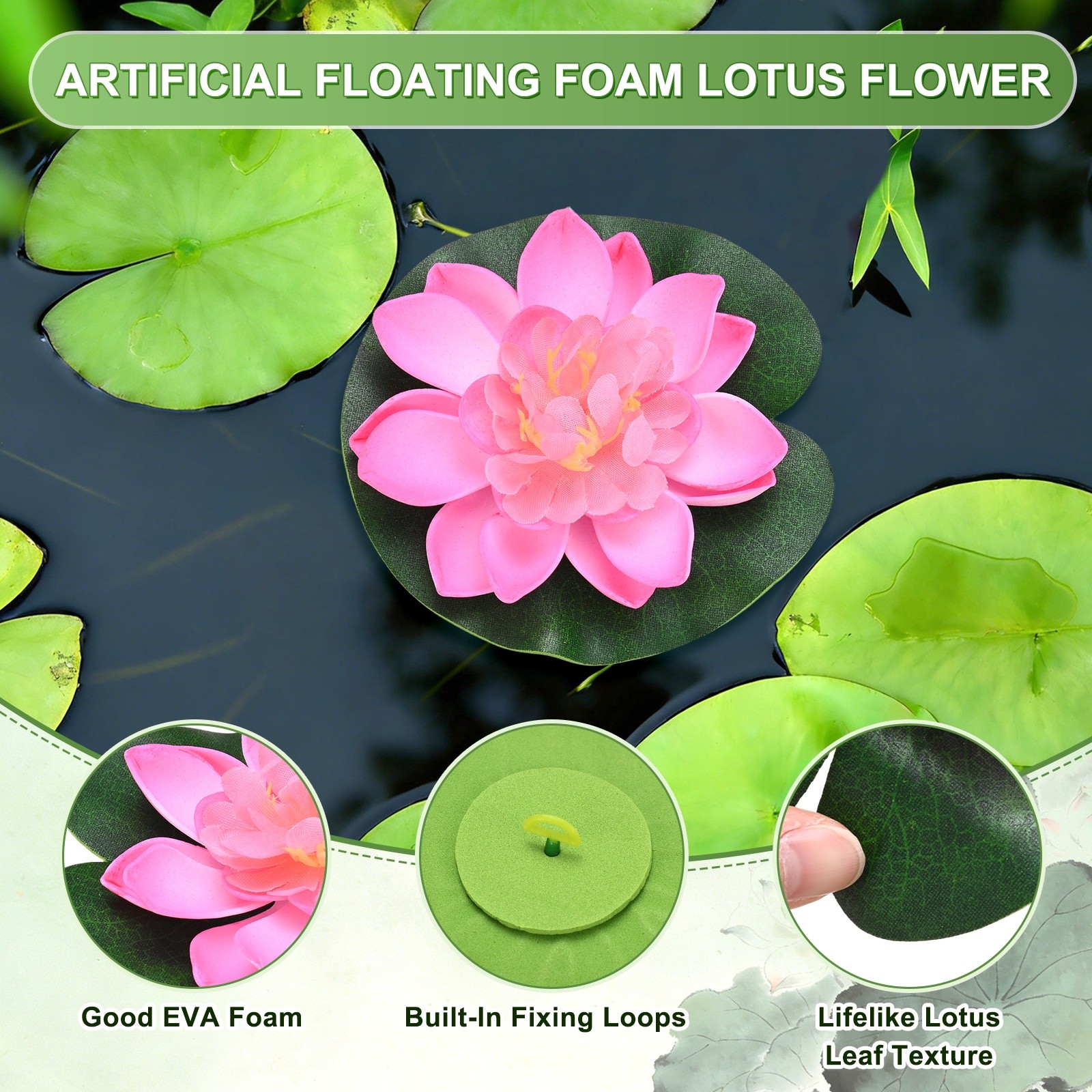 1-Set Artificial Foam Lotus Flower with Water Lily Pad, 4″ [Light Pink]