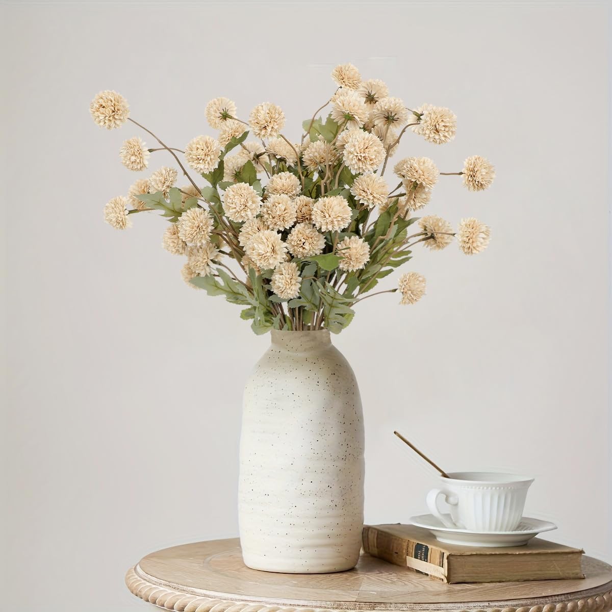 12pcs Artificial Pompom Mums Flowers Fall Beige Faux Chrysanthemums