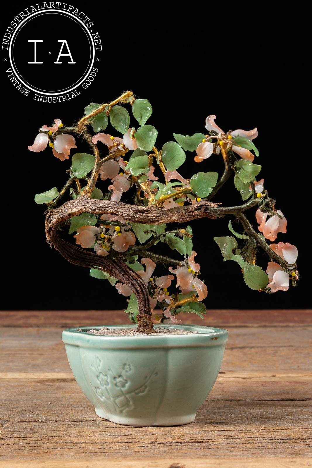 Vintage Jade and Peking Glass Blossoming Bonsai Table Ornament