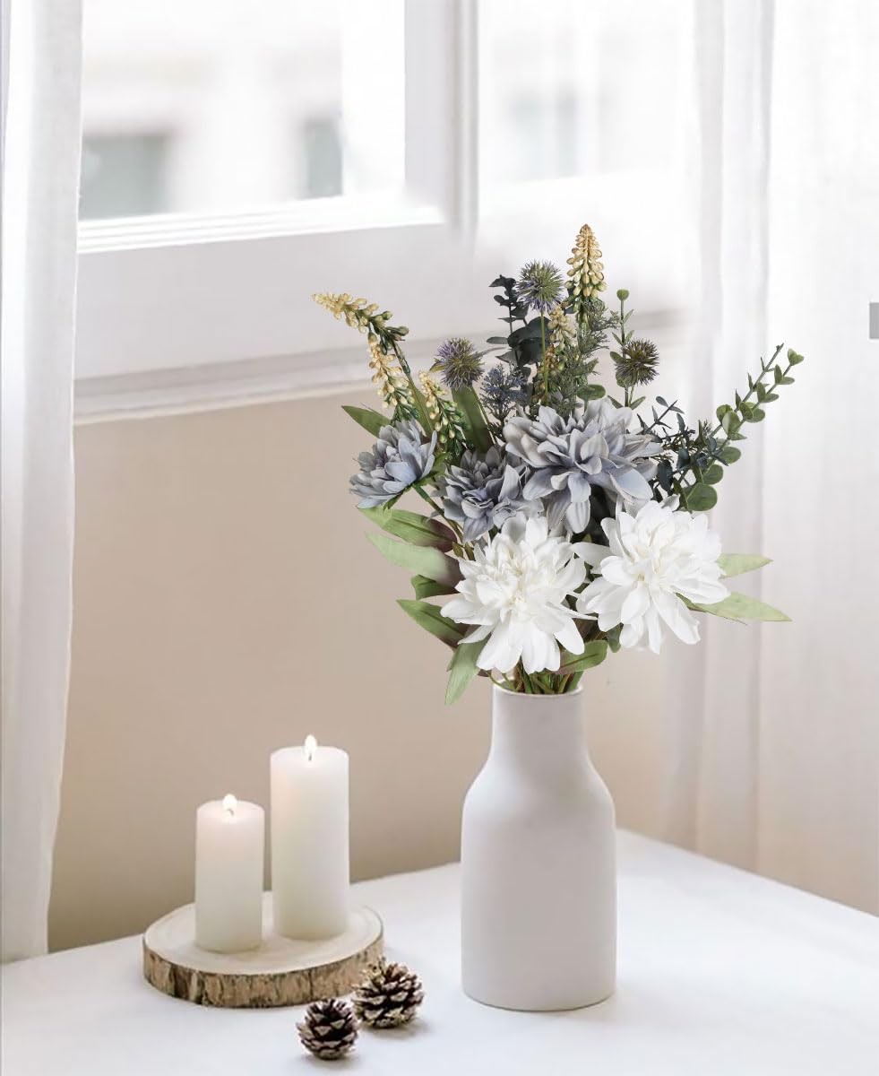 White Grey Silk Artificial Fake Faux Flower Bouquet For Vase Table Decor