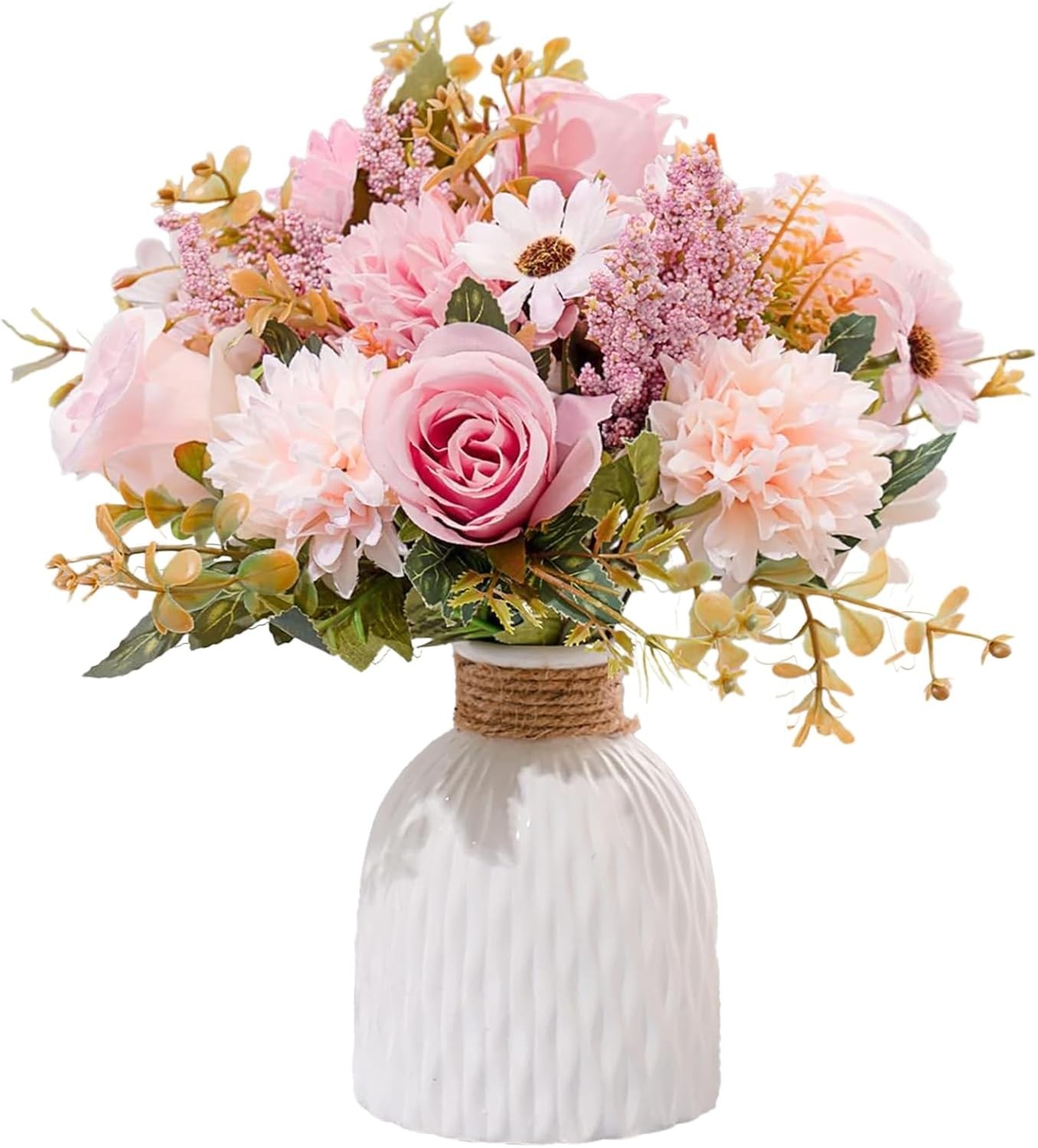Artificial Pink Flowers in Vase Faux Floral Arrangement for Home Table Decor