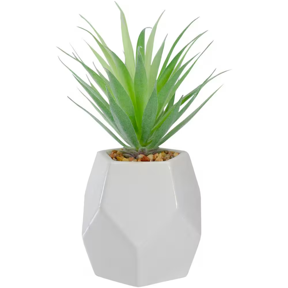 7.5 In. Green Artificial Sword Grass in a White Geometric Pot