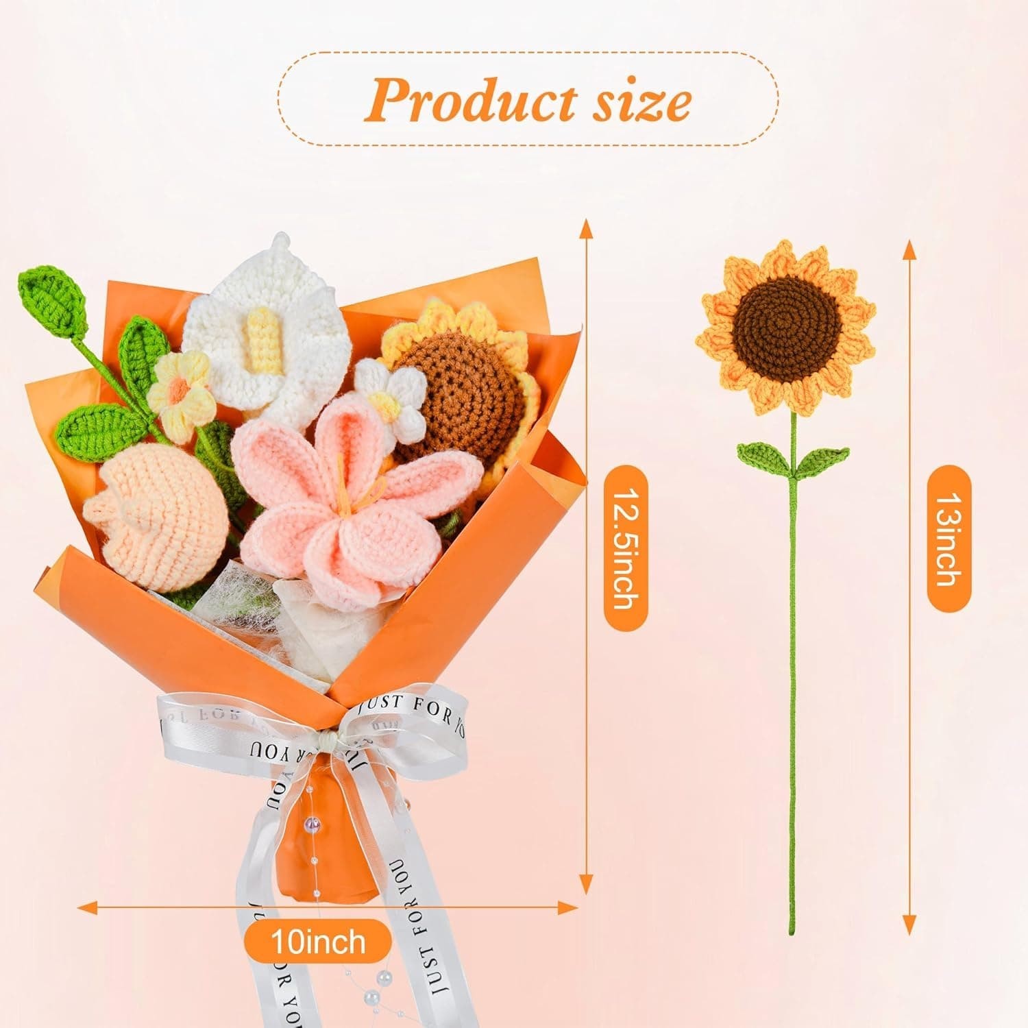 Handmade Crochet Flower Bouquet Orange Tulip Knitted Bouquet for Birthday