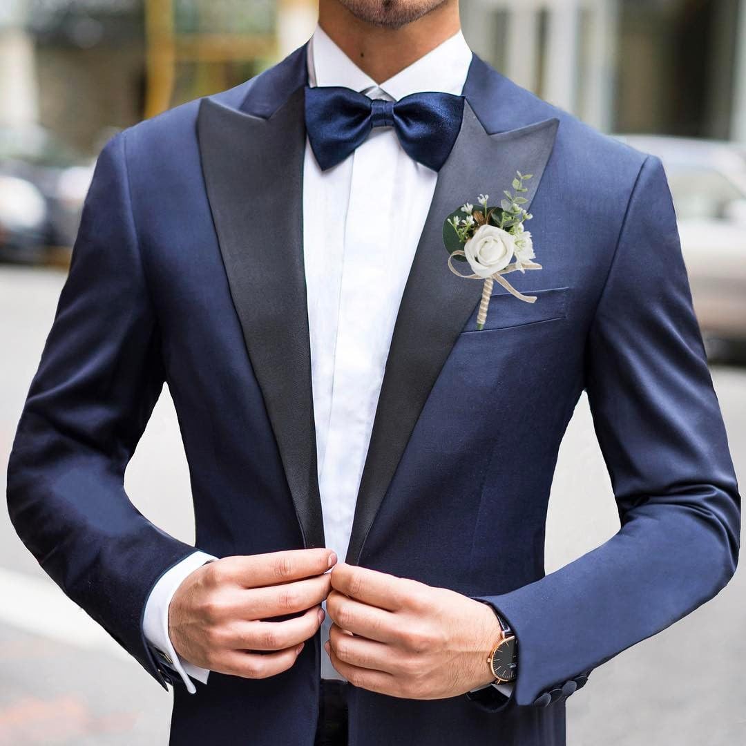 4 PCS Artificial Mens Rose Boutonniere Bridal White Corsage Wedding Prom 8x14cm
