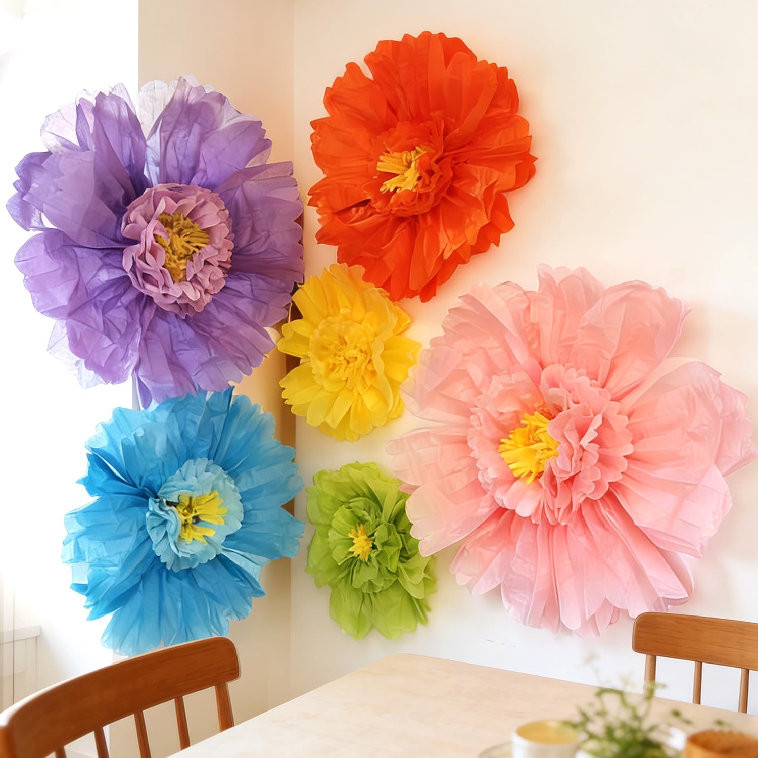 6 PCS Colorful Giant Paper Flowers 39.4/31.5/23.6 Inch Wall Decoration