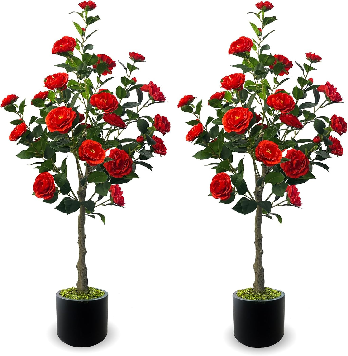 48” Red Flower Artificial Camellia Tree – 2 Pack Faux Silk Plants for Home Deco