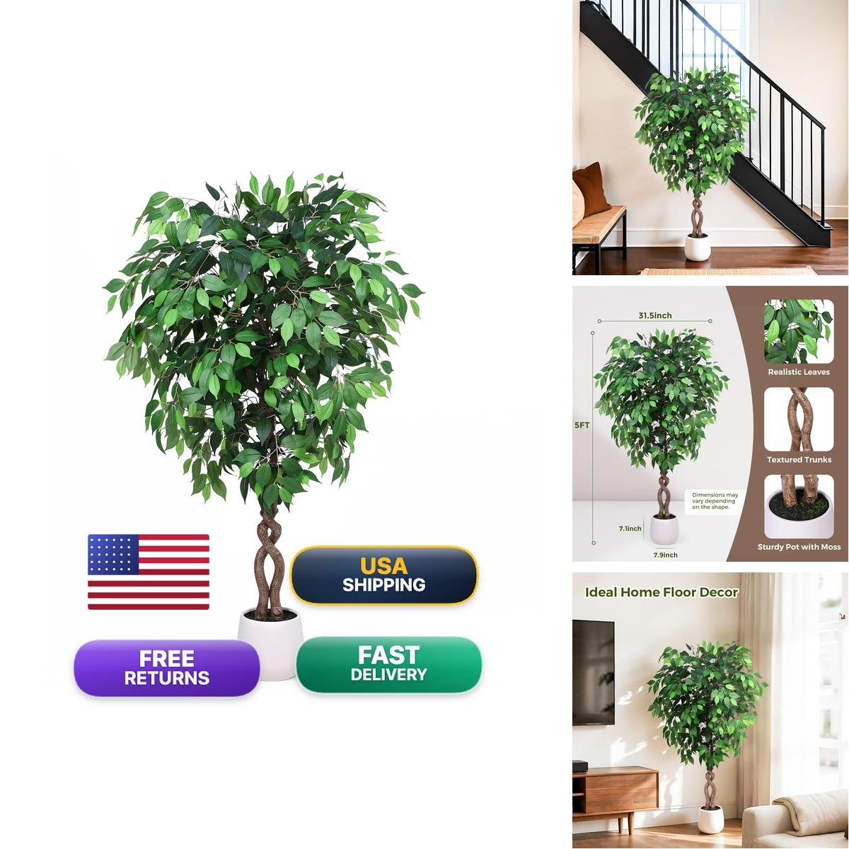 Jocoevol 5FT Artificial Ficus Tree, Tall Faux Trees Indoor White Planter, Dried