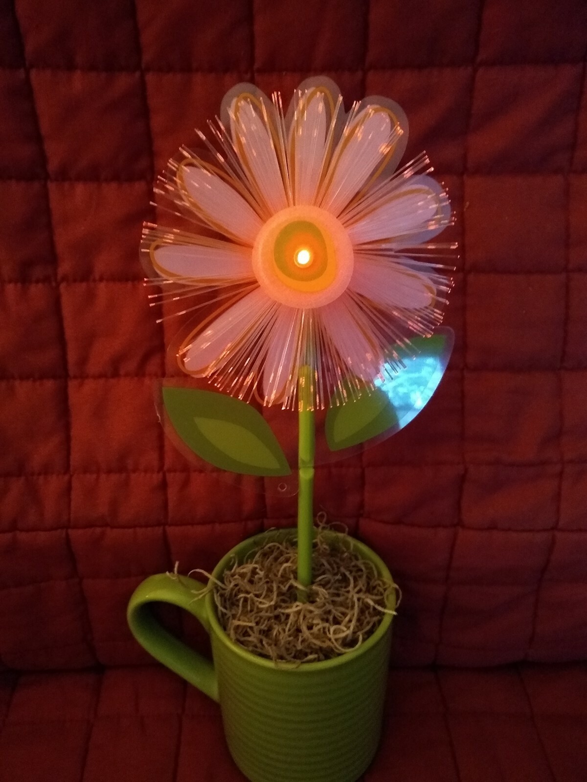 Fiber Optic Color Changing Plastic Flower Daisy in a Green Ceramic Mug Pot