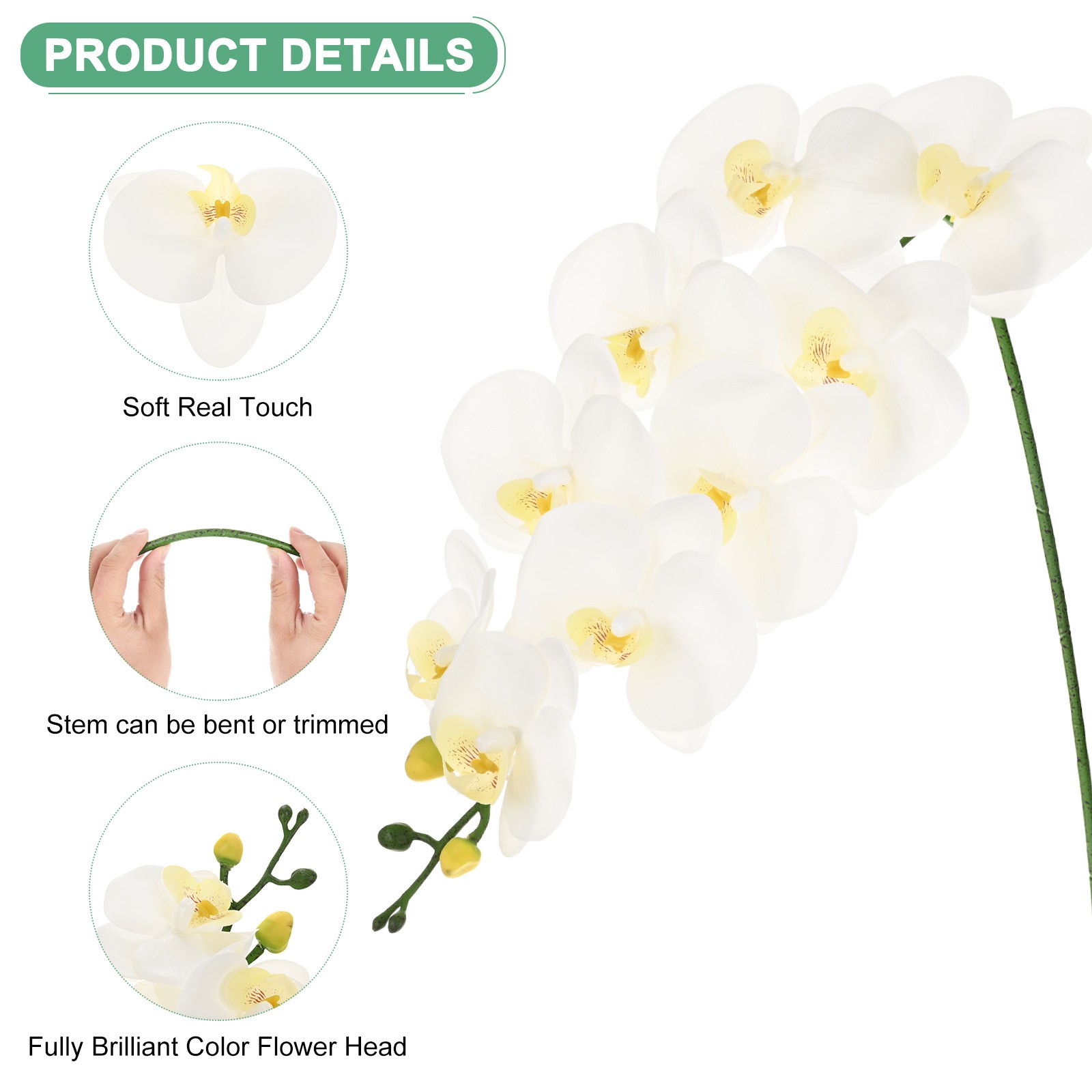 3-Pack Artificial Orchid Flowers 9 Large Petals for Home[White]