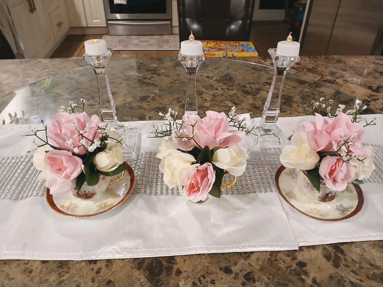 Bridal Pink & White Roses Floral Arrangement Tea Party Cup POP-IN Birthday Love