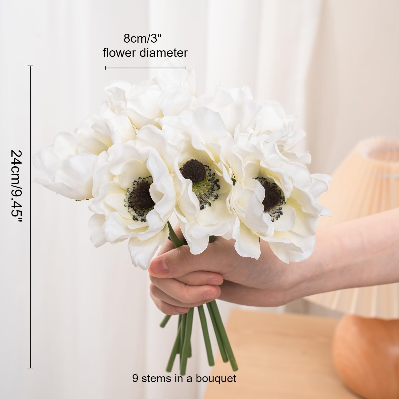 White Anemone Artificial Bouquet, 9 Stems Real Touch Silk Poppy Flowers for D…